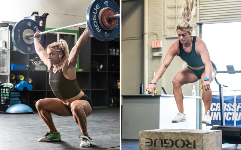 Split image with swolverine athlete in the bottom of a snatch and doing box jumps.